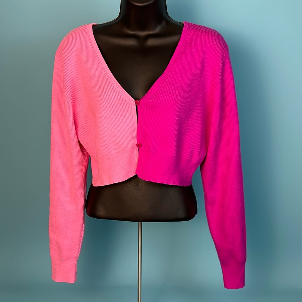 Cropped Pink Color Block Cardigan